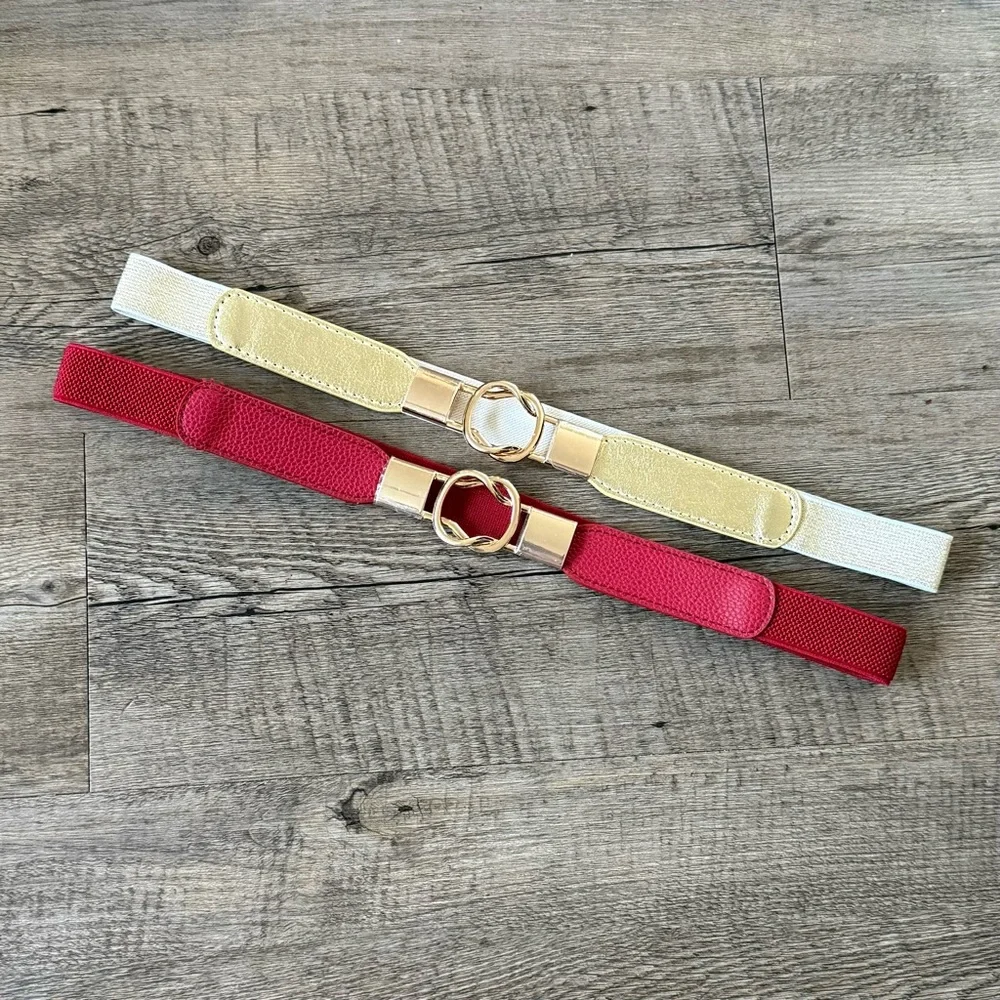 Elegant Stretch Waist Women's Belts (white/cream and red with gold buckle) - Picture 1 of 4